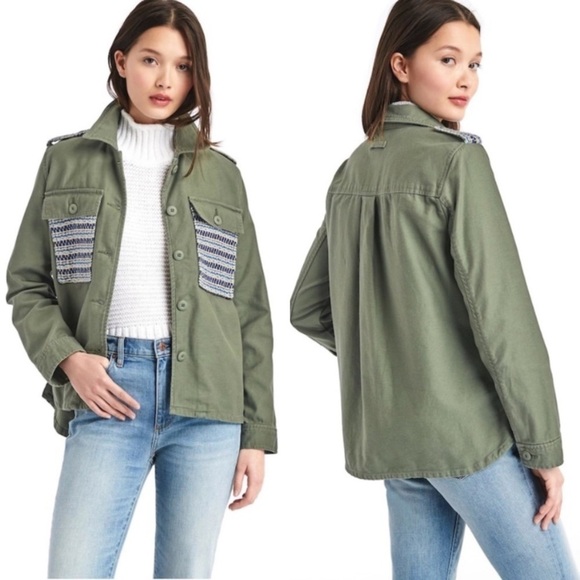 NWOT GAP Embroidered Army Green Utility Shirt Jacket Sz XS - Picture 2 of 11